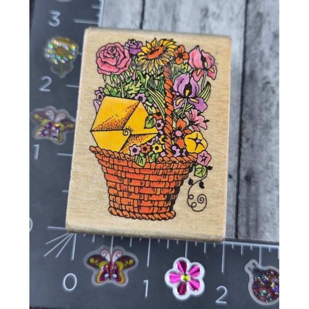 Flower Basket Notecard Gift Rubber Stamp Wood #Q74